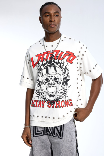 Custom Oversized White T-Shirt - Flame Skull Graphic & Silver Stud Embellishments High Street Top