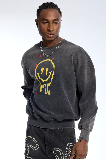 Custom Men's Black Wash Sweatshirt - Drippy Smiley Print & Distressed Detail Streetwear Top