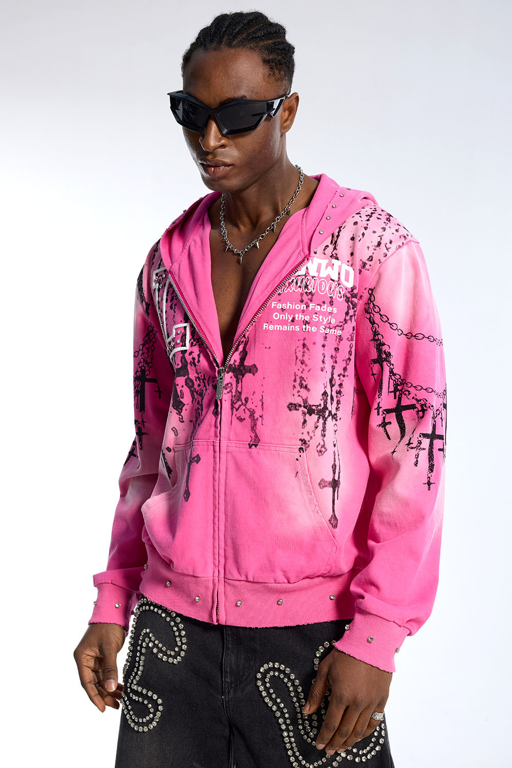 Custom Men's Pink Gradient Zip-Up Hoodie Studded & Chain Print Streetwear Jacket
