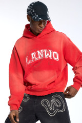 Custom Men's Red Wash Hoodie Rhinestone Outline & Distressed Print Streetwear Hoodie
