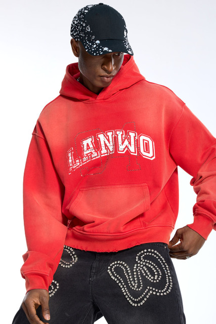 Custom Men's Red Wash Hoodie Rhinestone Outline & Distressed Print Streetwear Hoodie