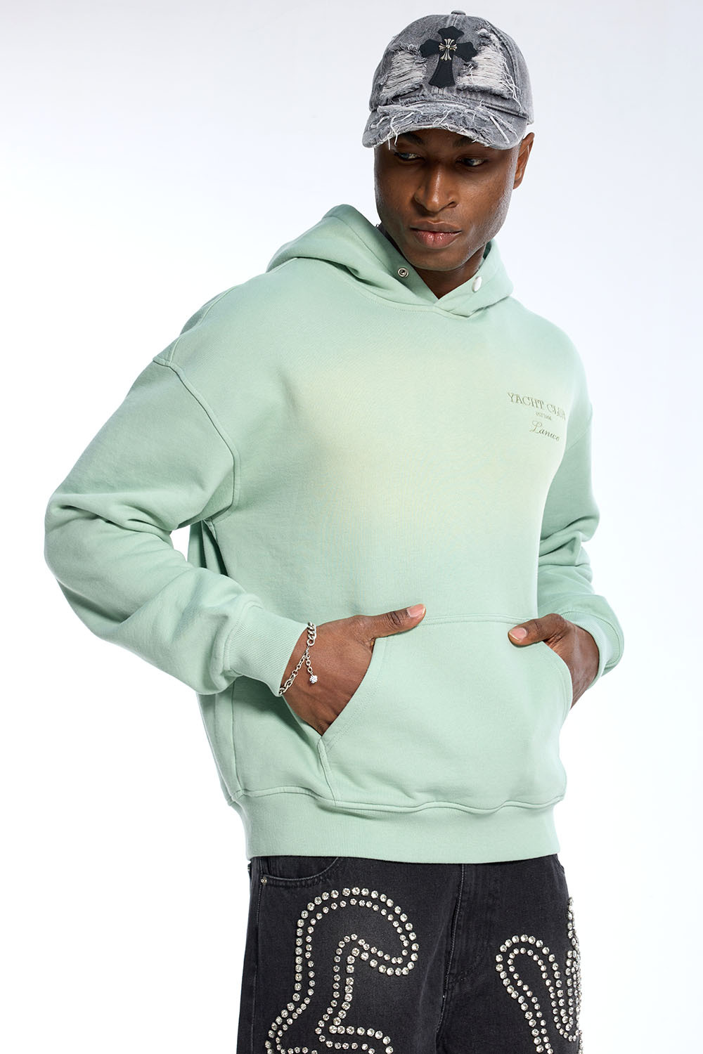 Custom Oversized Mint Gradient Hoodie - Minimalist Embroidery & Snap Button Detail High Street Sweatshirt