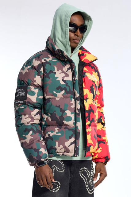 Custom Oversized Split Camo Puffer Jacket - Green & Red Camo High Street Outerwear