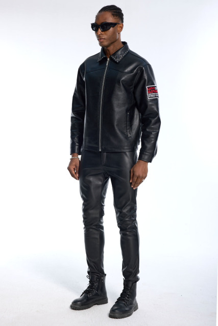 Custom Men's Black Faux Leather 2 Piece Set - Studded Collar Jacket & Slim Pants Streetwear Outfit