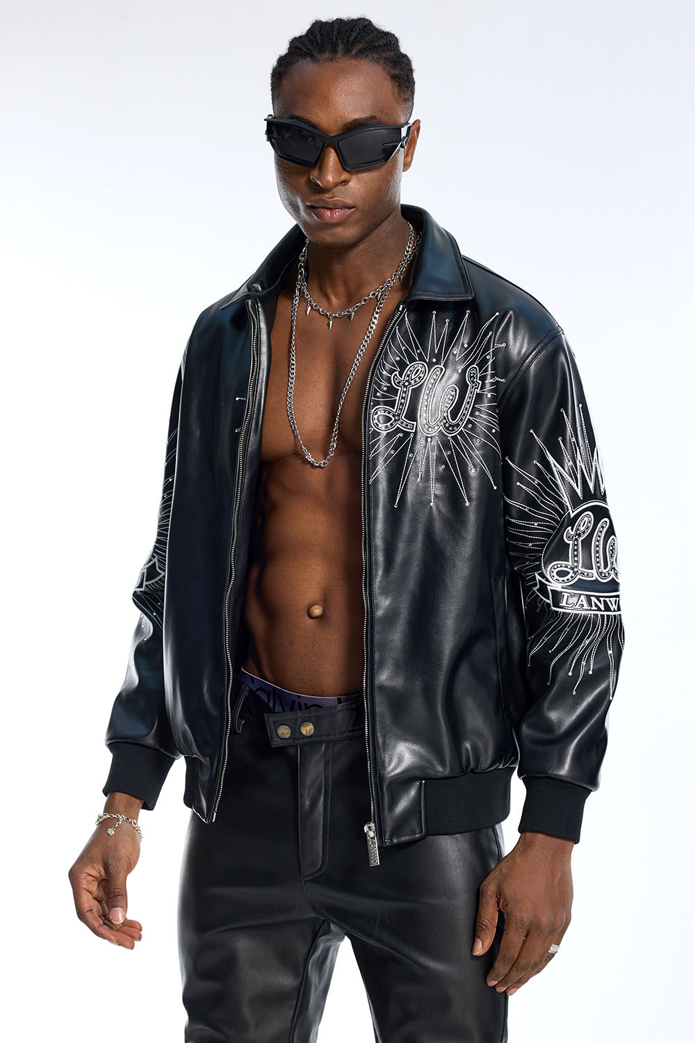 Custom Oversized Black Leather Biker Jacket - Rhinestone "LW" Graphic High Street Coat