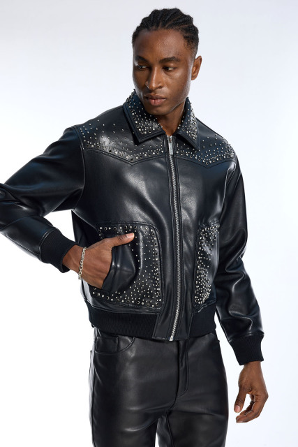 Custom Men's Black Faux Leather Jacket - Studded Collar & Pocket Streetwear Bomber