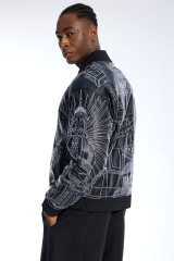 Custom Oversized Black Leather Bomber Jacket - White Stitch Building Graphic High Street Coat