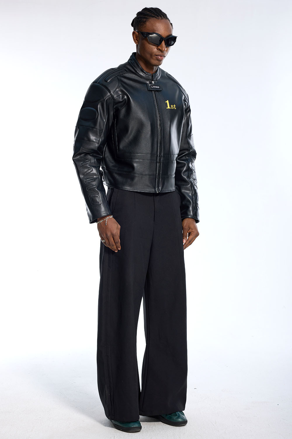 Custom Vintage Black Leather Jacket - Padded Shoulder & Embossed Sleeve Detail