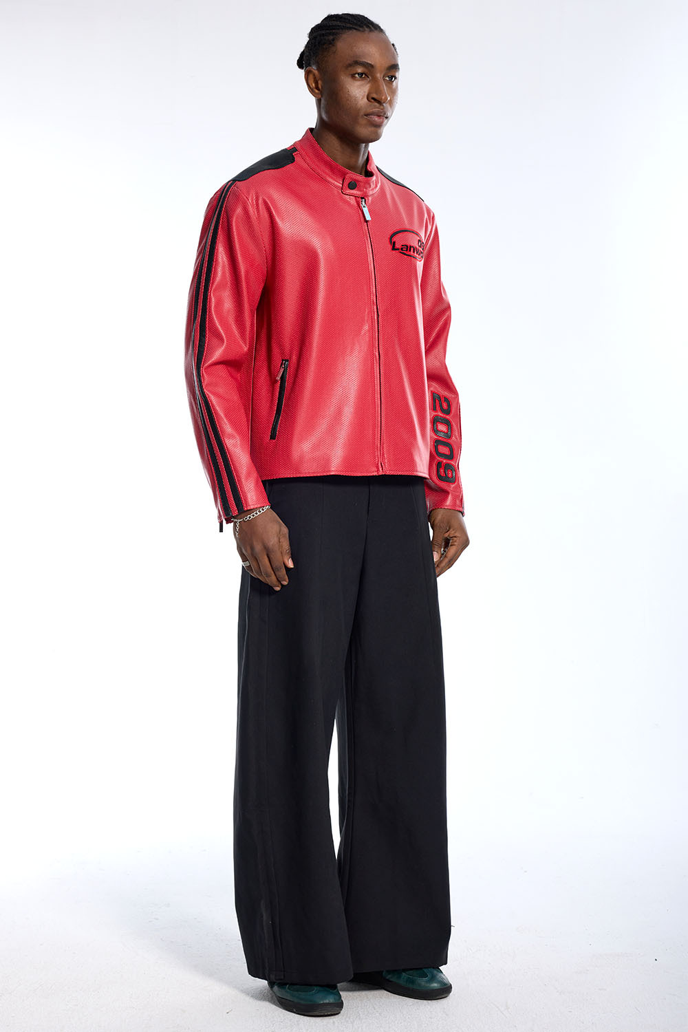 Custom Vintage Red Leather Jacket - Stand Collar & Contrast Panel Detail