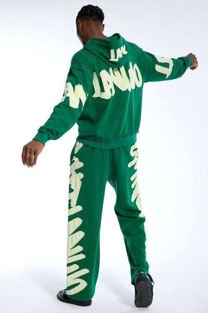 Manufacturer custom 100% cotton zip-up hoodie & acid-washed embroidered patch sweatpants set