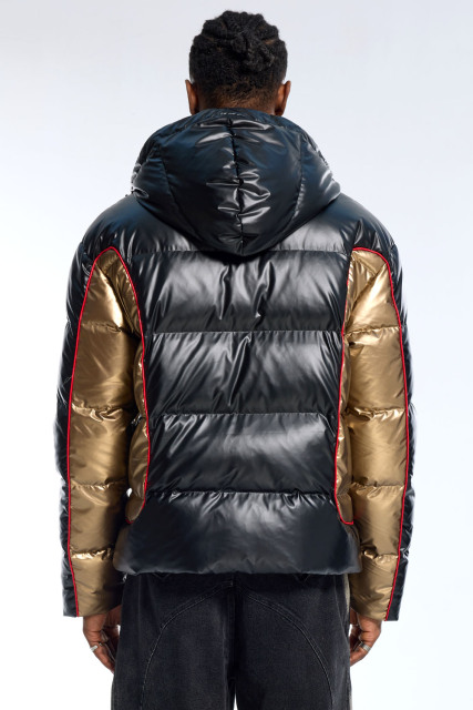 Oversized Metallic Gold Accent Puffer Jacket for Men | Waterproof Winter Hooded Padded Coat