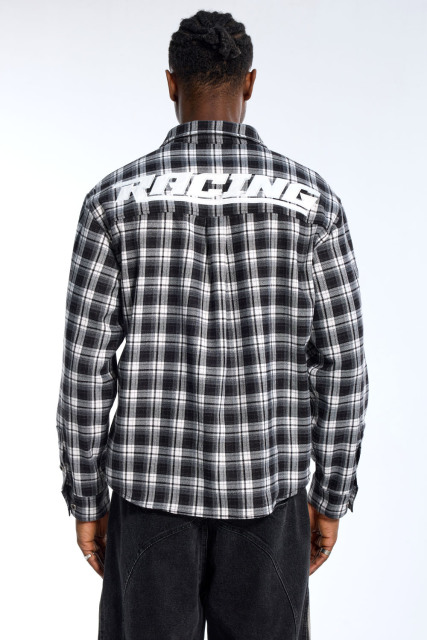 Custom LANWE Champion Racing-Inspired Black Plaid Button Up Shirt for Men
