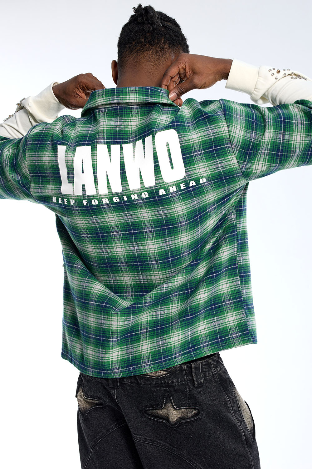 Wholesale Custom Green Plaid Rhinestone Streetwear Shirt - OEM Fake Two-Piece Button Up