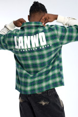 Wholesale Custom Green Plaid Rhinestone Streetwear Shirt - OEM Fake Two-Piece Button Up