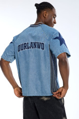 Custom Oversized Light Wash Denim Sports Jersey with Star Patch & Lanwo Story Embroidery