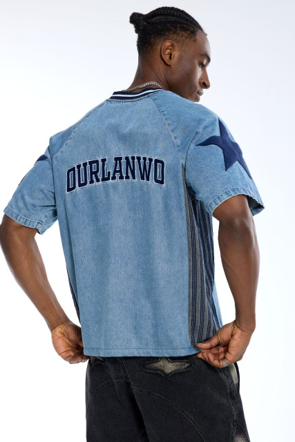 Custom Oversized Light Wash Denim Sports Jersey with Star Patch & Lanwo Story Embroidery