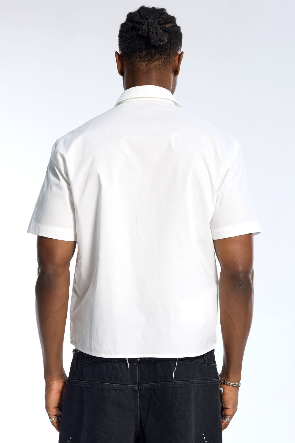 Custom Men's White Short Sleeve Shirt with Blue Plaid Tie Detail - Streetwear Button Down