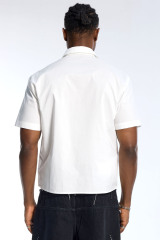 Custom Men's White Short Sleeve Shirt with Blue Plaid Tie Detail - Streetwear Button Down