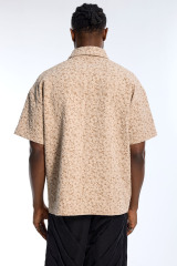 Custom Men's Beige Floral Embossed Shirt with Crochet Flower Applique - Short Sleeve Streetwear Top
