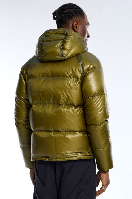 Custom Men's Olive Green Shiny Puffer Jacket - Cropped Hooded Winter Padded Coat