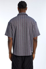 Custom Men's Blue Striped Short Sleeve Shirt with Tie Accent - Streetwear Button Down