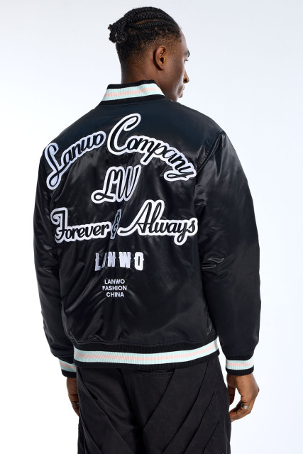 Custom Men's Black Satin LANWO Varsity Jacket - Striped Rib Streetwear Bomber