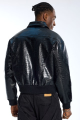 Custom Men's Black Crocodile Embossed LANWO Varsity Jacket - Leather Streetwear Bomber