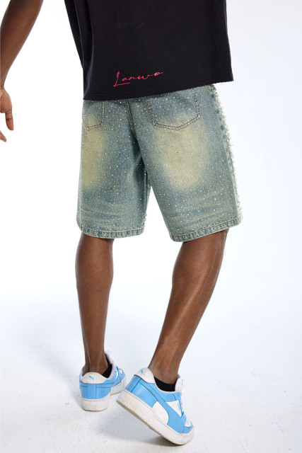 Custom Oversized Pearl Beaded Denim Shorts - High Street Rhinestone Embellished Baggy Jean Shorts