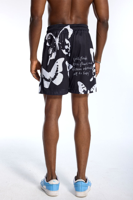 Custom Men's Black Mesh Butterfly Print Shorts - LANWO Script Streetwear Shorts