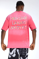 Custom Oversized Pink Gradient Washed T-Shirt with Paint Splatter - High Street Casual Top