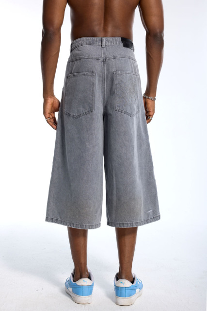 Custom Oversized Grey Washed Denim Shorts - Distressed Spider Web & Pearl Detail Baggy Shorts