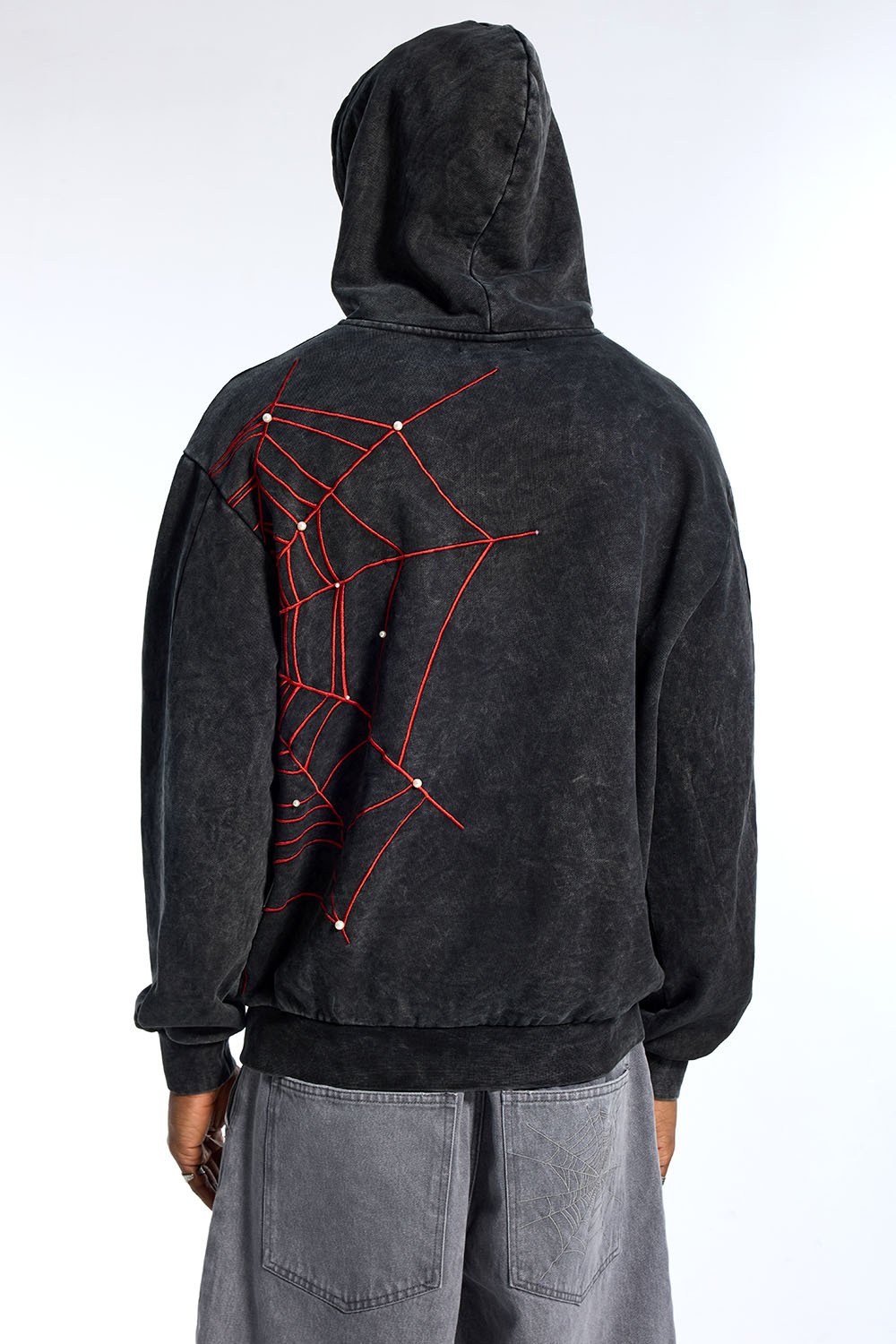 Custom Men's Black Washed Hoodie - Red Spider Web Embroidery & Pearl Embellished Streetwear Pullover