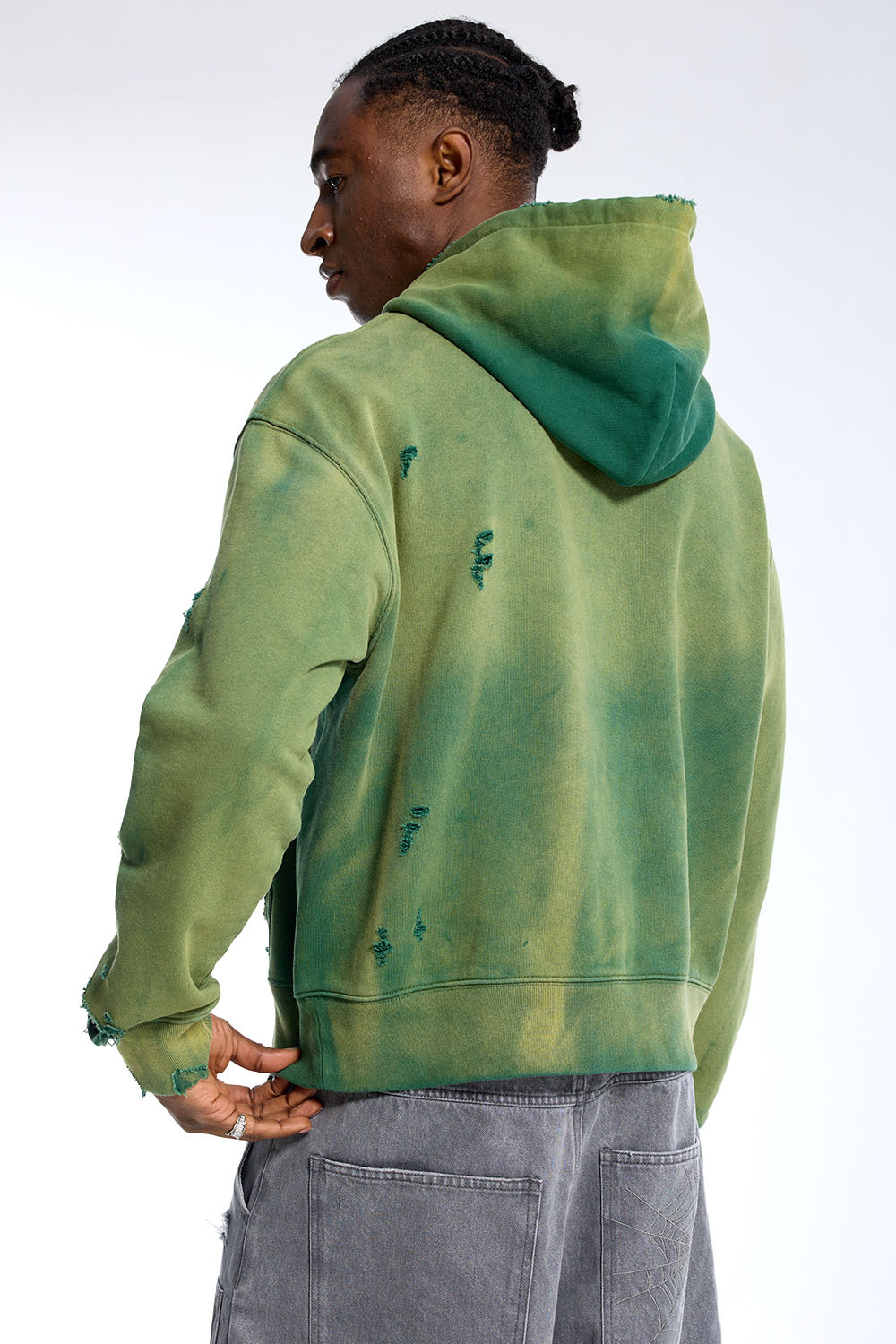 Custom Oversized Green Two-Tone Hoodie - Ripped Detail & Contrast Pocket Streetwear Sweatshirt