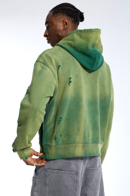 Custom Oversized Green Two-Tone Hoodie - Ripped Detail & Contrast Pocket Streetwear Sweatshirt