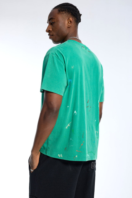 Custom Men's Green Paint Splatter Pocket T-Shirt  Gothic Script Streetwear Tee
