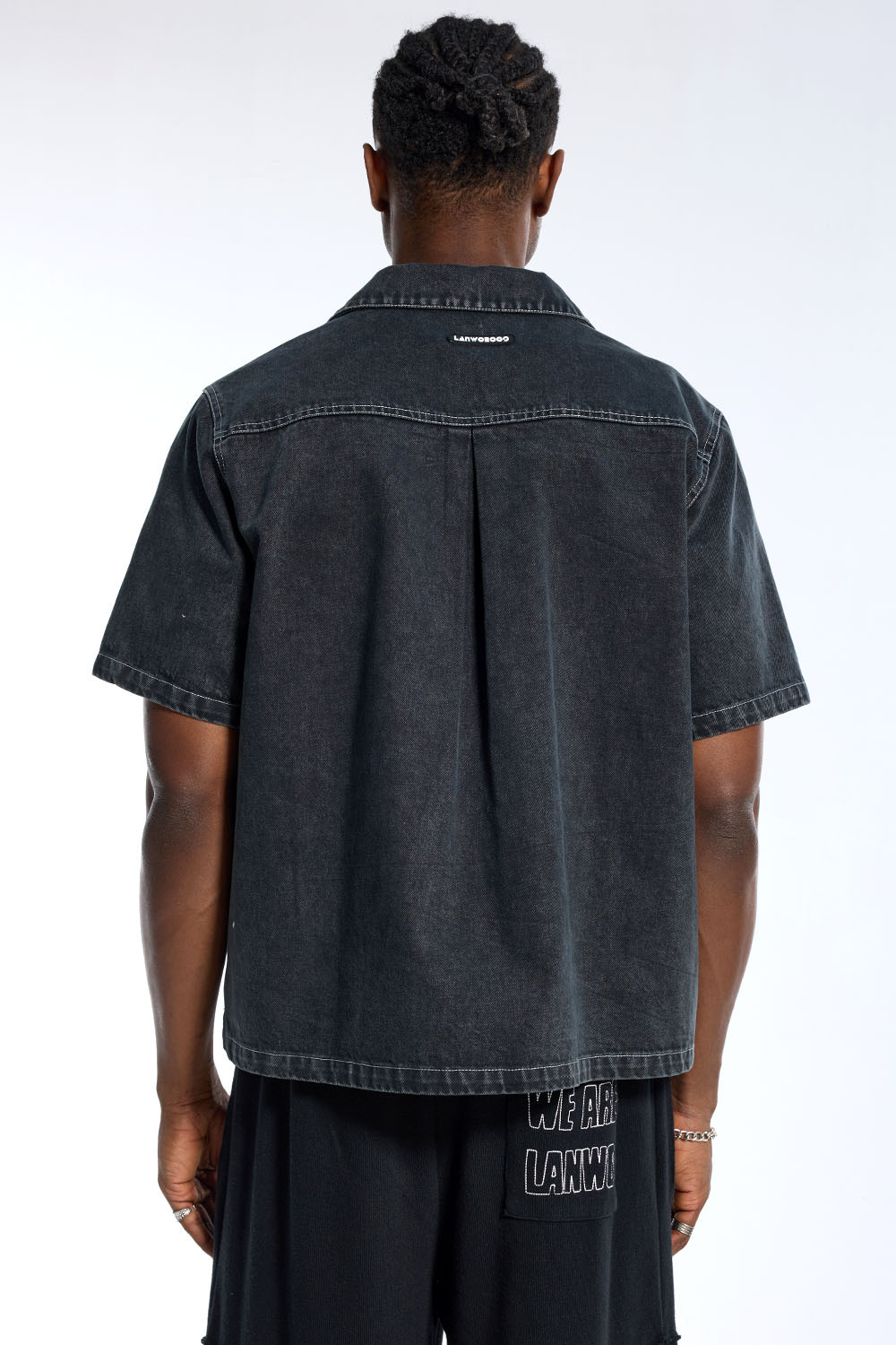 Custom Men's Black Denim Short Sleeve Shirt - Rhinestone Spider Web Embellished Streetwear Top