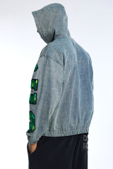 Custom Men's Denim Zip-Up Hoodie Pixelated Chenille Lettering Streetwear Jacket