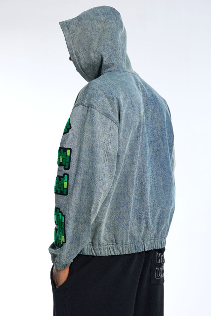 Custom Men's Denim Zip-Up Hoodie Pixelated Chenille Lettering Streetwear Jacket