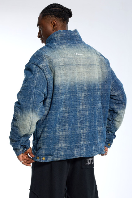 Custom Men's Gradient Denim Puffer Jacket - High Street Quilted Streetwear Winter Coat