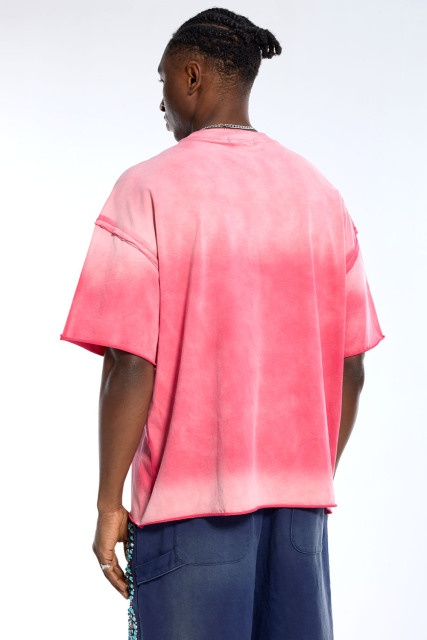 Custom Oversized Pink Gradient Washed Tee - "Happy Sad Lucky" Print High Street Casual Top