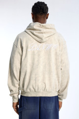 Custom Oversized Washed Beige Hoodie - Butterfly Patch & Distressed Rips High Street Zip-Up