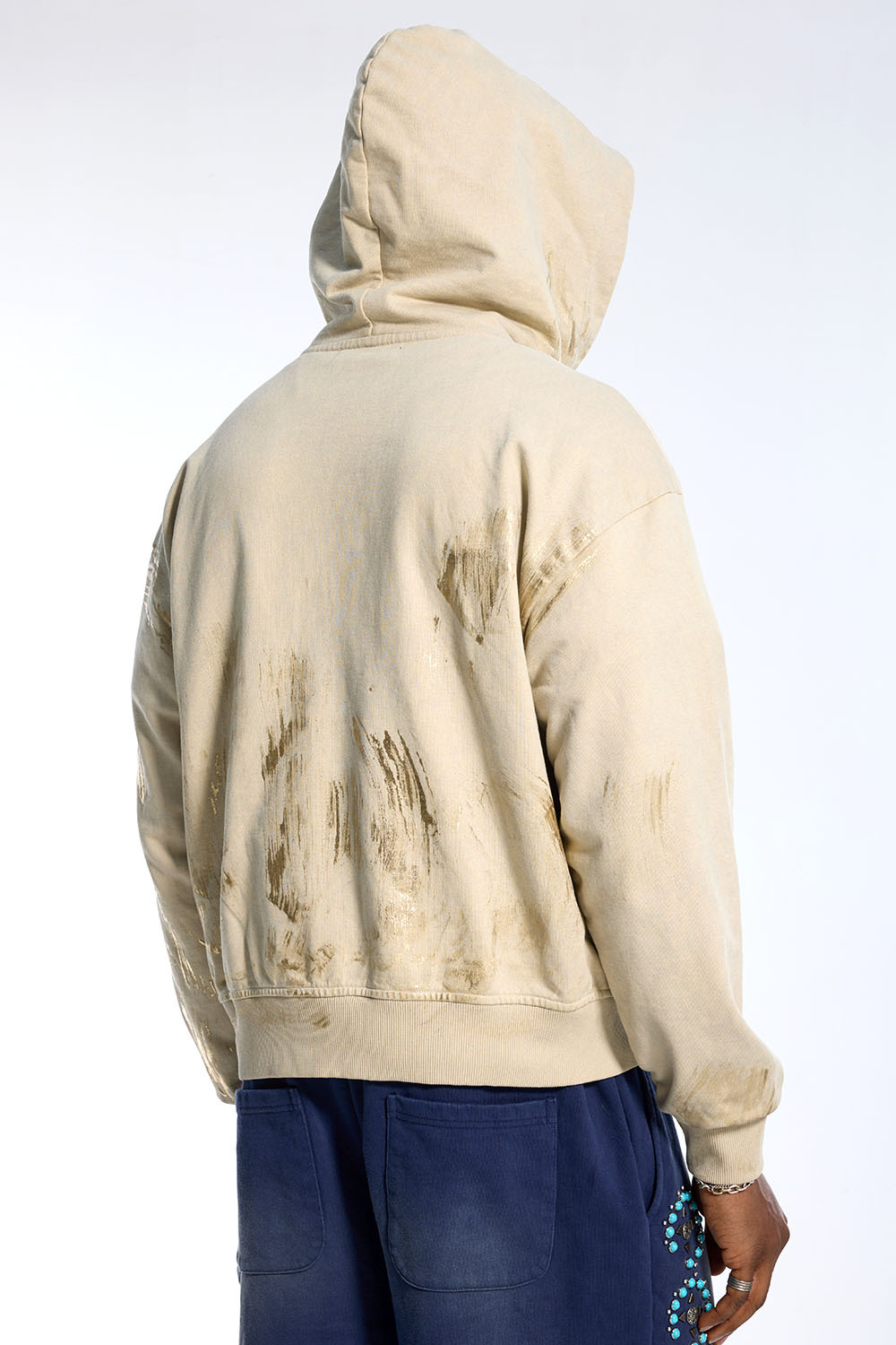 Custom Oversized Washed Beige Hoodie - Gold Brush Stroke Detail High Street Zip-Up