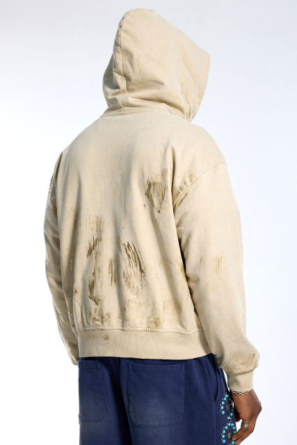Custom Oversized Washed Beige Hoodie - Gold Brush Stroke Detail High Street Zip-Up