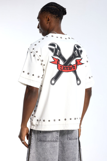 Custom Oversized White T-Shirt - Flame Skull Graphic & Silver Stud Embellishments High Street Top