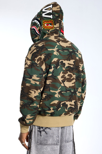Custom Oversized Camouflage Full Zip Hoodie - Shark Mouth Embroidery High Street Hooded Jacket