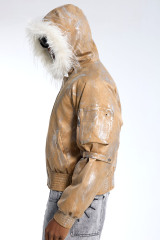 Custom Men's Tan Silver Brush Faux Leather Jacket - Fur Trim Hood Streetwear Bomber