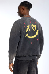 Custom Men's Black Wash Sweatshirt - Drippy Smiley Print & Distressed Detail Streetwear Top