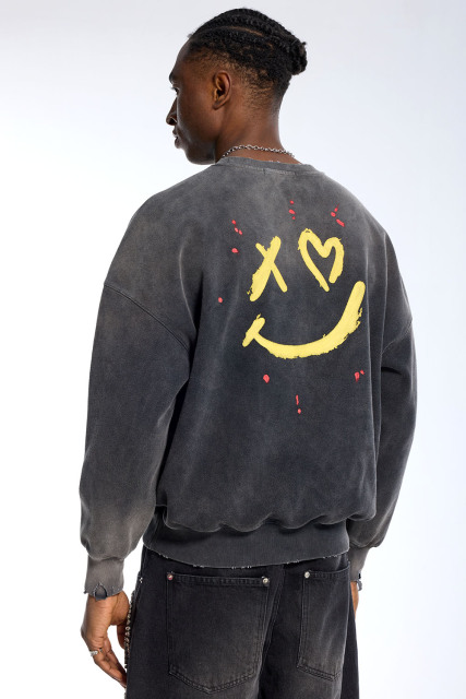 Custom Men's Black Wash Sweatshirt - Drippy Smiley Print & Distressed Detail Streetwear Top