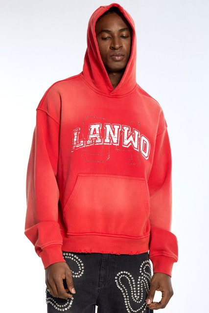 Custom Men's Red Wash Hoodie Rhinestone Outline & Distressed Print Streetwear Hoodie