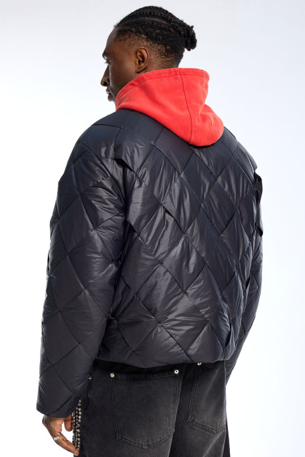 Custom Oversized Black Diamond Quilt Puffer Jacket - High Street Cropped Puffer Coat